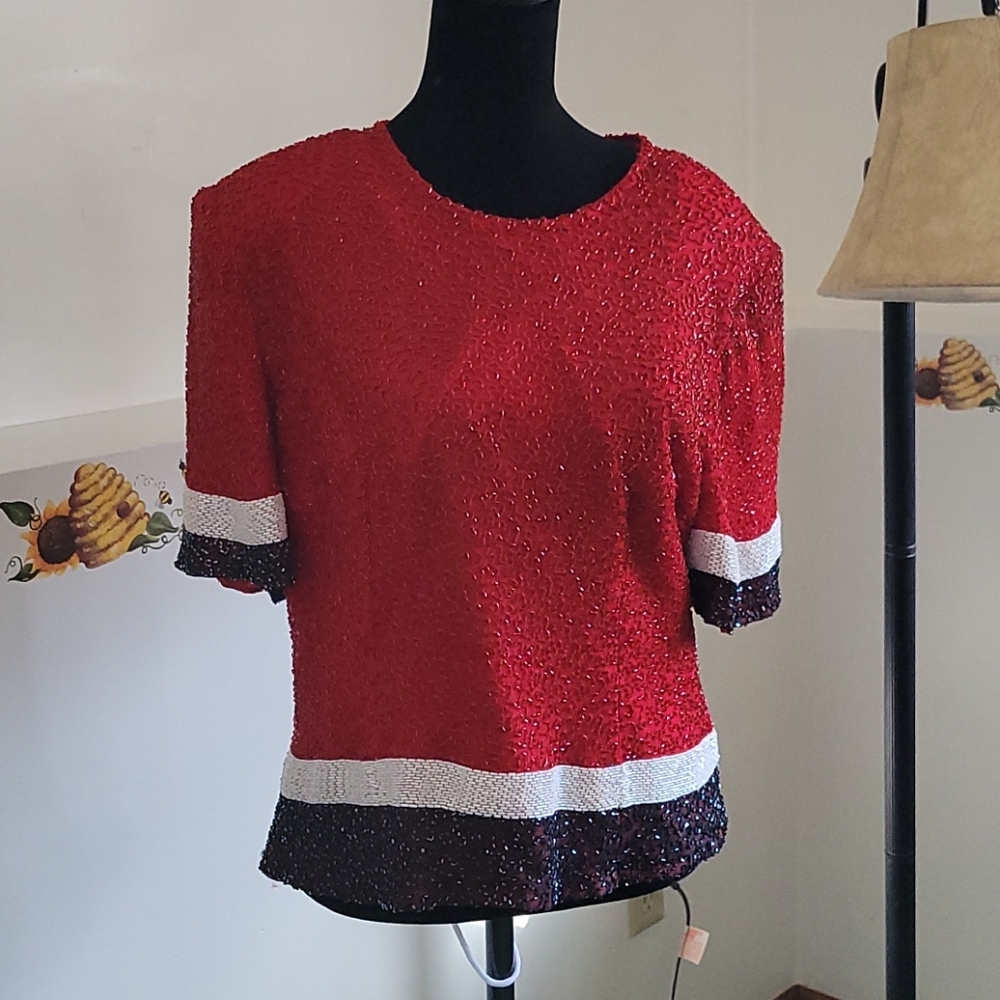 Vintage Red, white and black beaded top